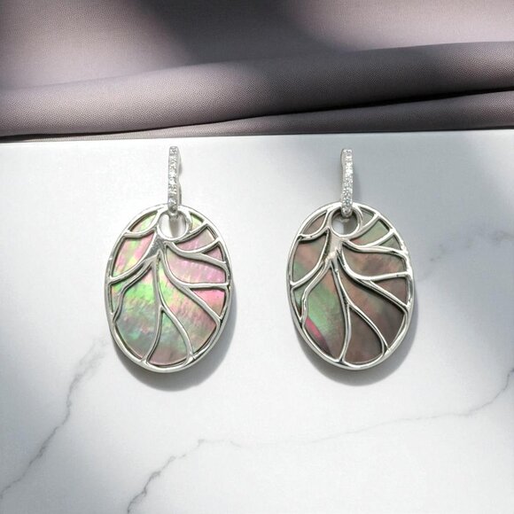 Jewelry - Oval Gray Mother-of-Pearl Dangle Earrings in 925 Sterling Silver